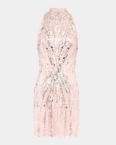 Jenny Packham Rebel Halter Crystal Sequined Mini Dress In Pink Sprite