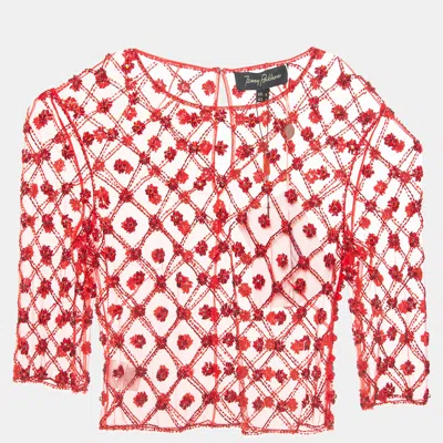Pre-owned Jenny Packham Robin Red Embroidered Tulle Blouse S