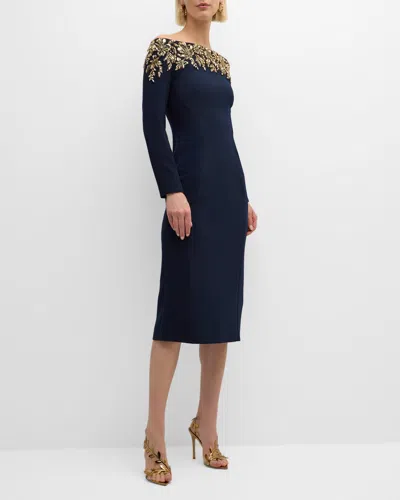Jenny Packham Rosabel Crystal Off-the-shoulder Long-sleeve Dress In Blue
