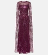Jenny Packham Ruby Caped Sequined Gown In Mulberry
