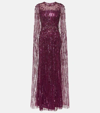Jenny Packham Ruby Caped Sequined Gown In Mulberry
