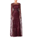 Jenny Packham Ruby Sequin-embellished Cape Maxi Dress In Burgundy