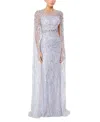 Jenny Packham Ruby Embellished Cape Maxi Dress In Gray