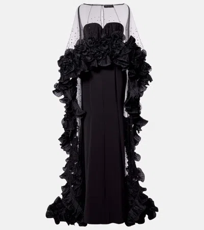 Jenny Packham Ruffled Caped Gown In Black