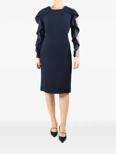 Pre-owned Jenny Packham Ruffled Mesh-panel Midi Dress In Blue