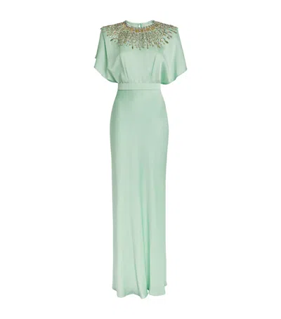 Jenny Packham Satin Embellished Palladium Gown In Green