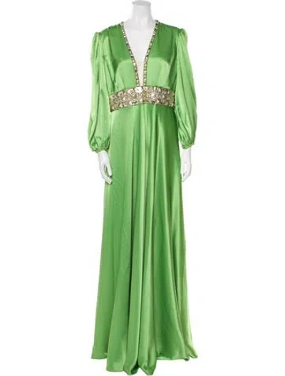 Pre-owned Jenny Packham Satin Long Dress In Green