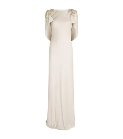 Jenny Packham Satin Ophelia Cape Gown In Neutral