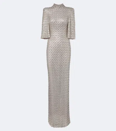 Jenny Packham Sedona Embellished Mesh Gown In Silver