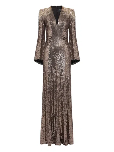 Jenny Packham Sequin-embellished Bell-sleeve Maxi Dress In Brown
