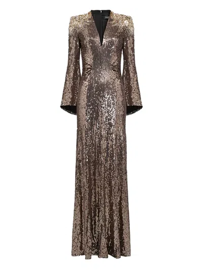 Jenny Packham Sequin-embellished Bell-sleeve Maxi Dress In Brown