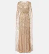 Jenny Packham Nettie Cape-effect Embellished Sequined Tulle Gown In Gold