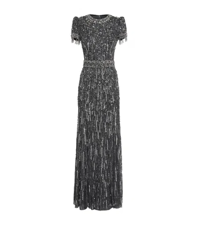 Jenny Packham Short-sleeve Rhinestone Maxi Dress In Metallic
