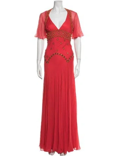 Pre-owned Jenny Packham Silk Crystal Embellishments Dress Set In Red