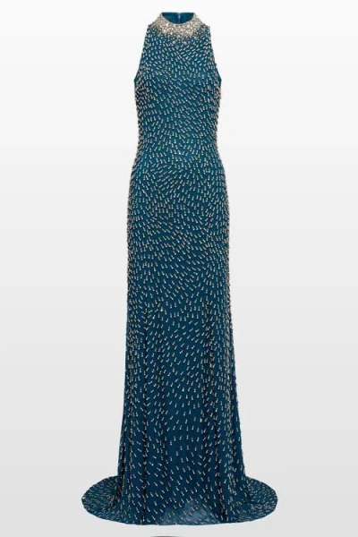 Jenny Packham Sisley High-neck Embellished Maxi Dress In Blue