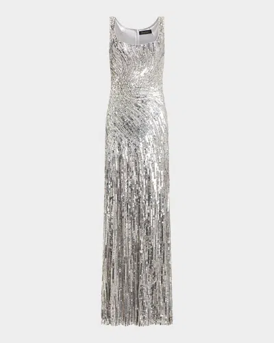 Jenny Packham Solaris Sequined Sleeveless Column Gown In Silver