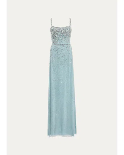 Jenny Packham Solstice Degrade Embellished Sleeveless Column Gown In Blue