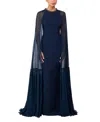 Jenny Packham Storm Cape-design Maxi Dress In Blue