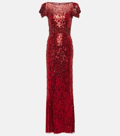 Jenny Packham Sungem Sequined Gown In Claret