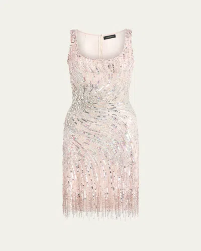 Jenny Packham Swirly Beaded Sleeveless Mini Cocktail Dress In White