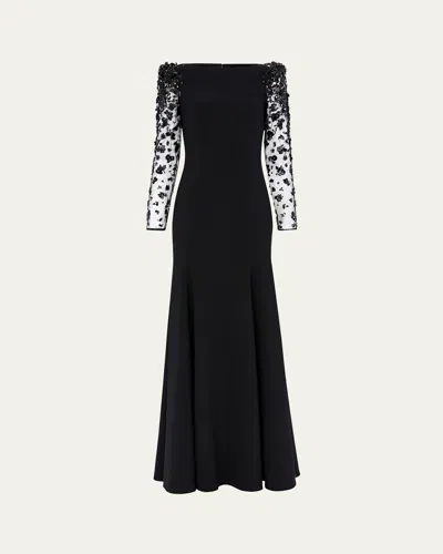 Jenny Packham Sylvia Beaded Long-sleeve Crepe Gown In Black