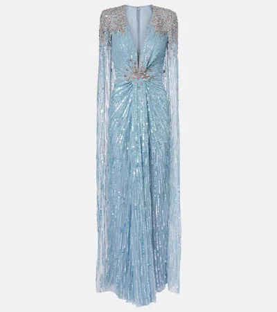 Jenny Packham Symphony Embellished Caped Gown In Blue