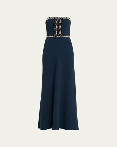 Jenny Packham Tandy Bow Embellished Strapless Gown In Blue
