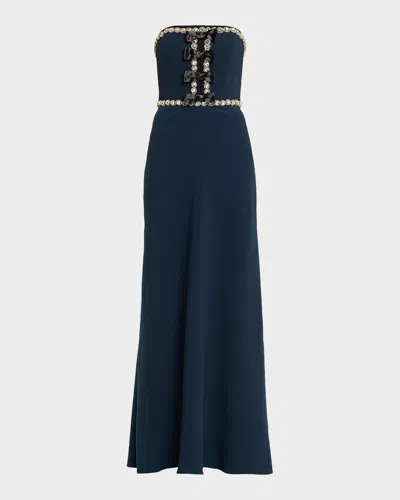 Jenny Packham Tandy Bow Embellished Strapless Gown In Blue