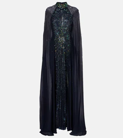 Jenny Packham Thea Cape-effect Embellished Tulle And Chiffon Gown In Multi