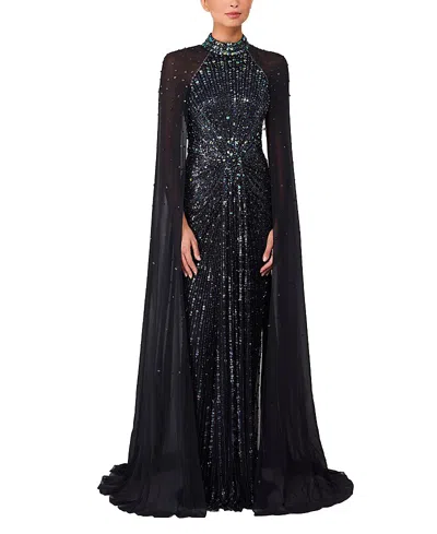 Jenny Packham Thea Embellished Cape Maxi Dress In Black