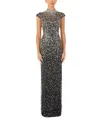 Jenny Packham Treasure Embellished Cap-sleeve Column Gown In Black