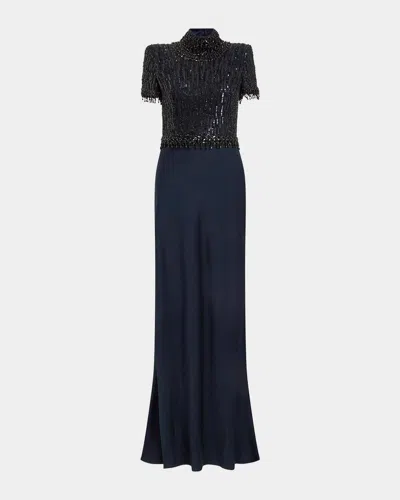 Jenny Packham Trinity Embellished Strong-shoulder Satin Gown In Blue