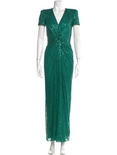 Pre-owned Jenny Packham V-neck Long Dress In Green