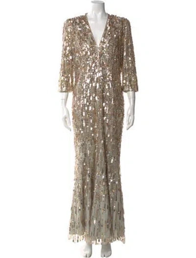 Pre-owned Jenny Packham V-neck Long Dress In Multi