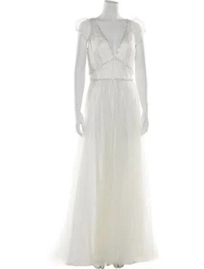 Pre-owned Jenny Packham V-neck Long Dress W/ Tags In White