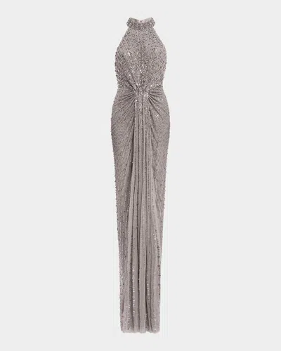 Jenny Packham Whisper Beaded Halter Gown In Gray