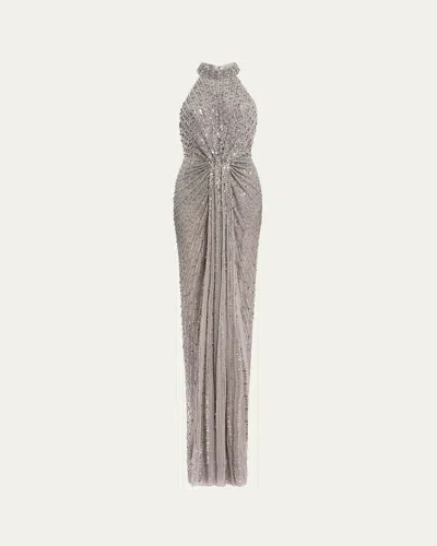 Jenny Packham Whisper Beaded Halter Gown In Silver