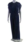 Jenny Packham Womens Silk Embroidered Sequined Ruched Jumpsuit Blue In Blue
