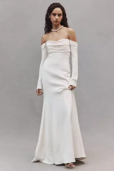Jenny Yoo Briar Long-sleeve Off-the-shoulder Fit & Flare Crepe Wedding Gown In White