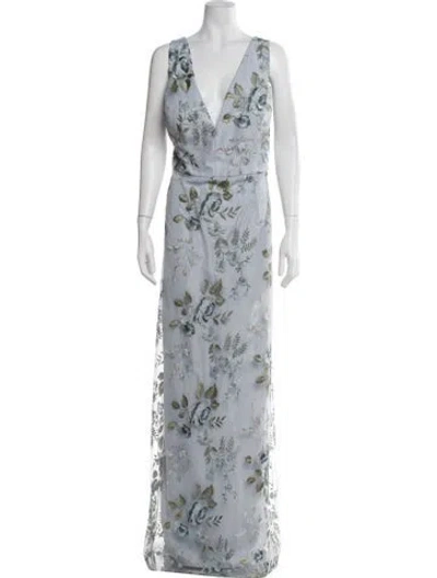 Pre-owned Jenny Yoo Floral Print Long Dress In Blue