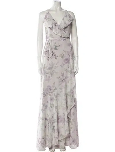 Pre-owned Jenny Yoo Floral Print Long Dress W/ Tags In Purple