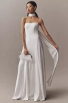 Jenny Yoo Jenny By  Addilyn Strapless Neck-scarf Drop-waist Satin Wedding Gown In White