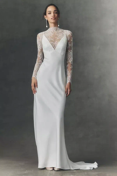 Jenny Yoo Jenny By  Iris Long-sleeve V-neck Satin Wedding Gown In White