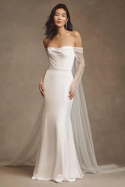 Jenny Yoo,jenny By Jenny Yoo Jenny By Jenny Yoo Olivia Long-sleeve Off-the-shoulder Scoop-neck Column Wedding Gown In White