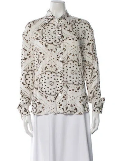 Pre-owned Jen's Pirate Booty Printed Long Sleeve Button-up Top In White
