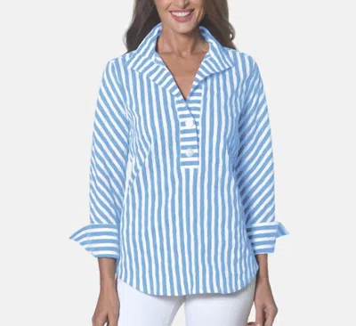 J'envie/eli Panama Button Down Striped Top In Turquoise In Blue