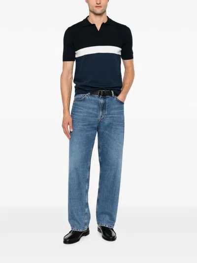 Jeordie's Colour-block Short-sleeve V-neck Cottonshirt In Blue