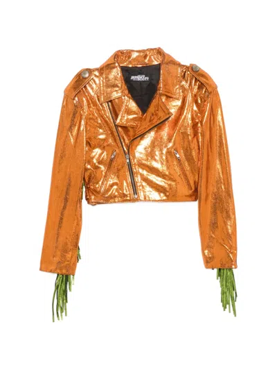 Pre-owned Jeremy Scott 2010s Fringed Metallic Biker Jacket In Orange