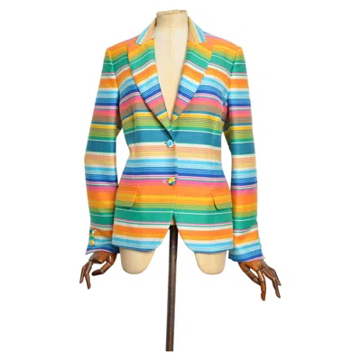 Pre-owned Jeremy Scott 2018 Resort Moschino Couture Colourful Pin Striped Tailored Blazer Jacket In Sand
