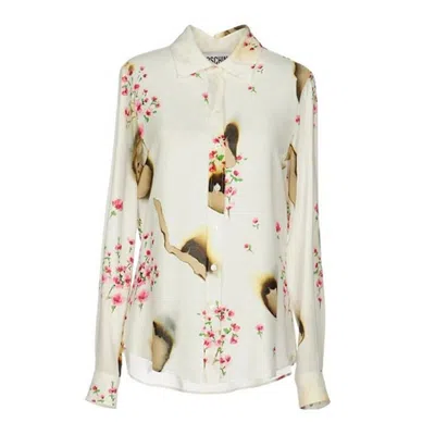 Pre-owned Jeremy Scott Aw16 Moschino Couture  Fashion Kills Floral Burnt Effect Silk Blouse In Sand